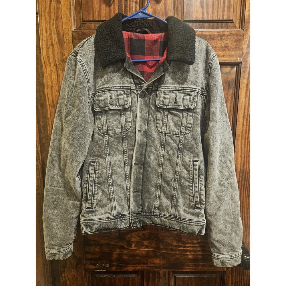 Topman Mens Black Denim Sherpa Buffalo Plaid Trucker Jacket Medium Vintage Style